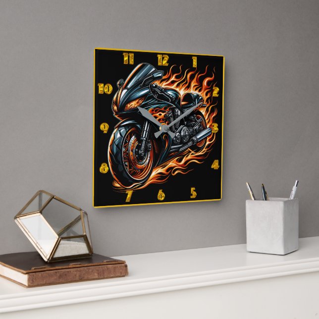 Fiery motorcycle roaring through the night square wall clock (Office)