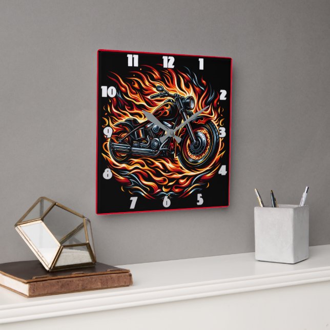 Fiery motorcycle roaring through vibrant flames square wall clock (Office)