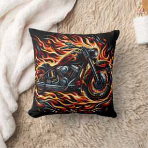 Fiery motorcycle roaring through vibrant flames throw pillow