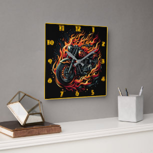 Fiery motorcycle with flames in vibrant colours square wall clock