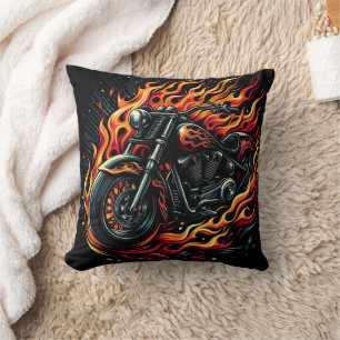 Fiery motorcycle with flames in vibrant colours throw pillow