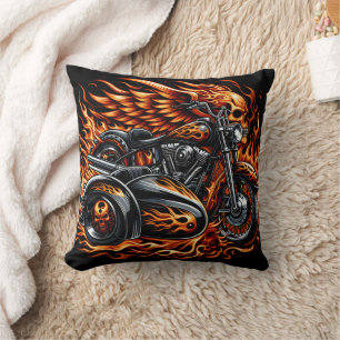 Fiery motorcycle with vibrant flames and sidecar throw pillow