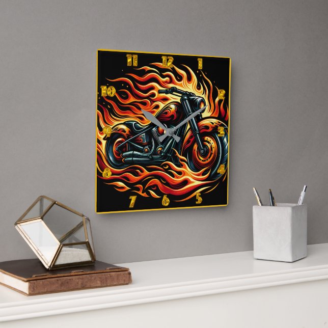 Fiery motorcycle with vibrant flames at dusk square wall clock (Office)