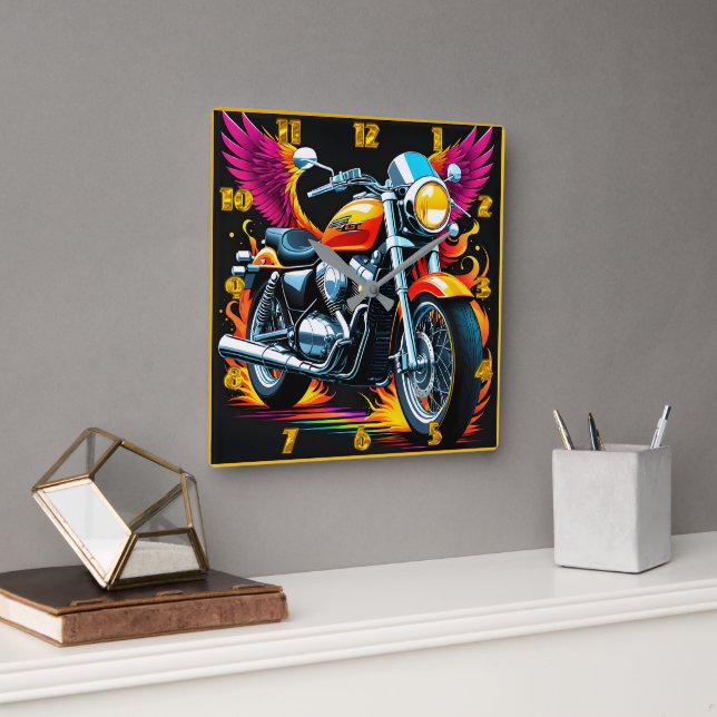 Fiery motorcycle with vibrant wings in sunset glow square wall clock (Office)