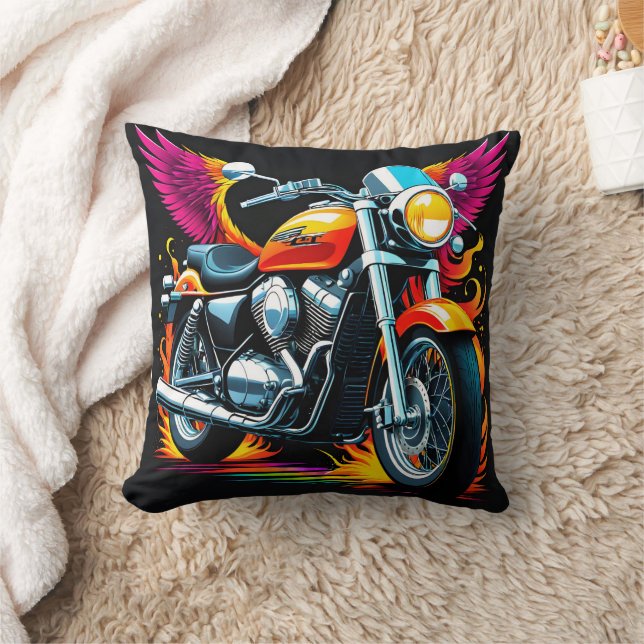 Fiery motorcycle with vibrant wings in sunset glow throw pillow (Blanket)