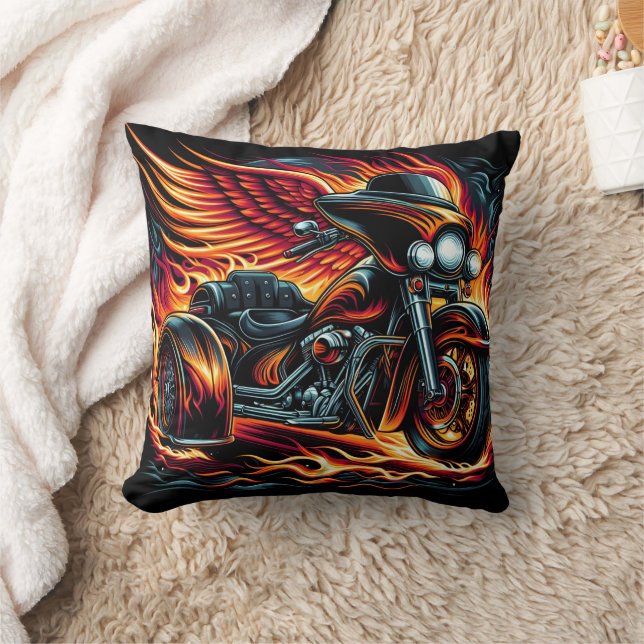 Fiery motorcycle with wings racing through flames throw pillow (Blanket)