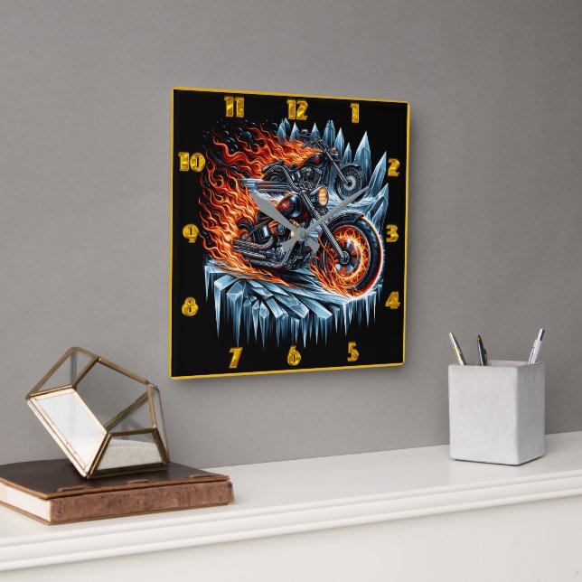 Fiery motorcycles racing through icy mountains square wall clock (Office)