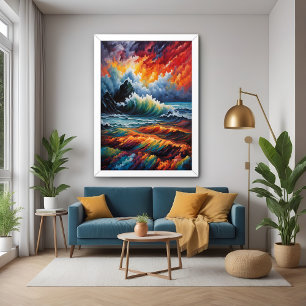 Fiery Ocean Storm - Abstract Seascape Art Poster