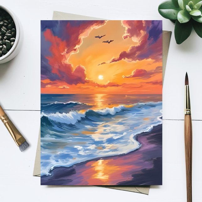 Fiery Ocean Sunset Waves Seascape Painting Postcard (Creator Uploaded)