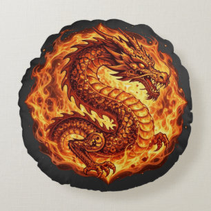 Fiery Orange Dragon Fire Flames Gift for men Round Pillow