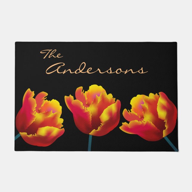 Fiery Orange Parrot Tulips Personalized Doormat (Front)