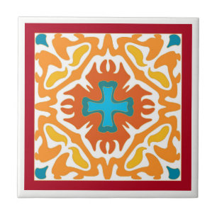Fiery Orange Spanish Tile with Blue Accents