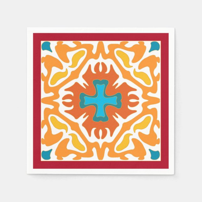 Fiery Orange Spanish Tile with Blue Accents Napkin (Front)