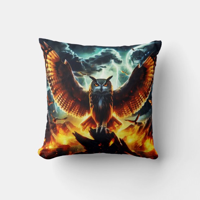 Fiery Owl Moonrise Throw Pillow (Front)