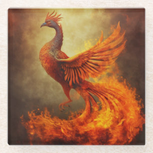 Fiery Phoenix in Mist Glass Coaster