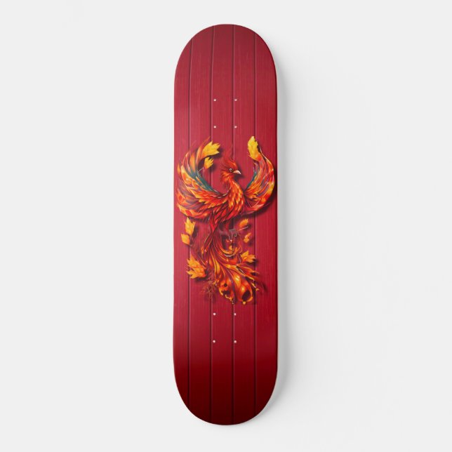 Fiery phoenix red wooden textures skateboard (Front)