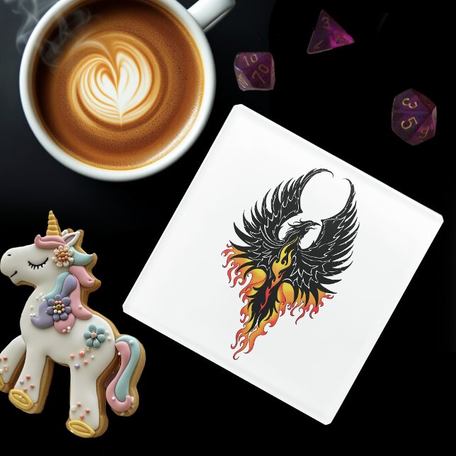 Fiery Phoenix Rising Firebird Black Tribal Flames Glass Coaster (Creator Uploaded)