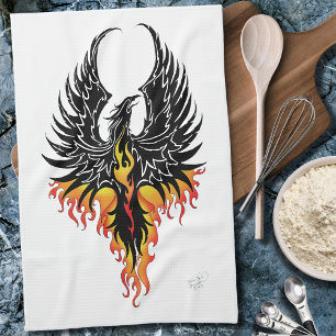 Fiery Phoenix Rising Firebird Black Tribal Flames Kitchen Towel