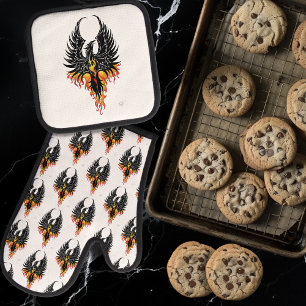 Fiery Phoenix Rising Firebird Black Tribal Flames Oven Mitt & Pot Holder Set