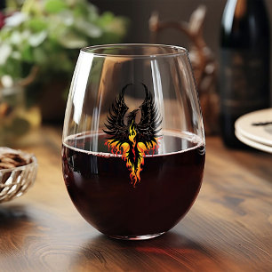 Fiery Phoenix Rising Firebird Black Tribal Flames Stemless Wine Glass