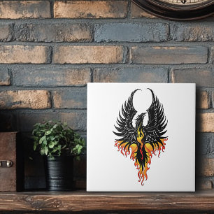 Fiery Phoenix Rising Firebird Black Tribal Flames Tile