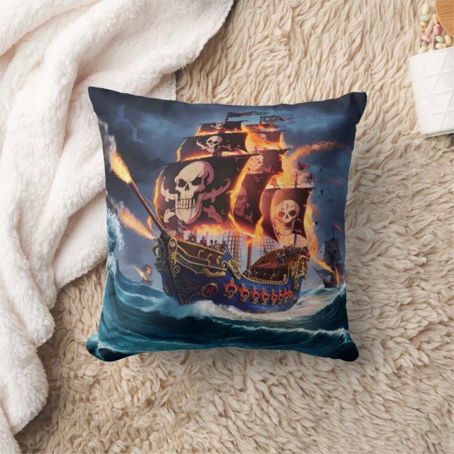 Fiery Pirate Ship Battling Waves at Dusk Throw Pillow (Blanket)