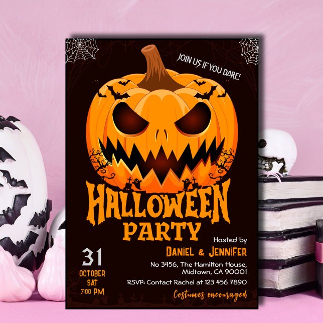 Fiery Pumpkin Jack o lantern bats Spooky Halloween Invitation (Creator Uploaded)