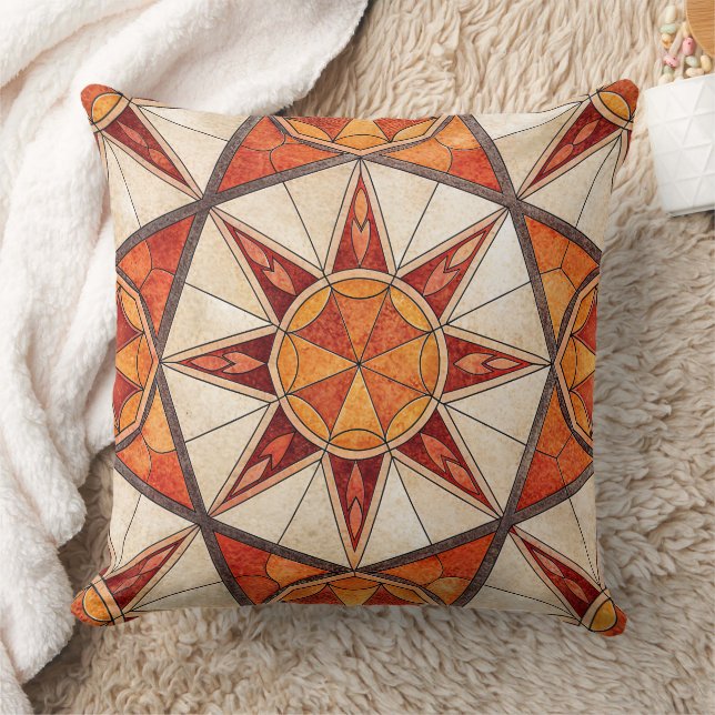 Fiery Red and Orange Starburst - Geometric Mosaic Throw Pillow (Blanket)