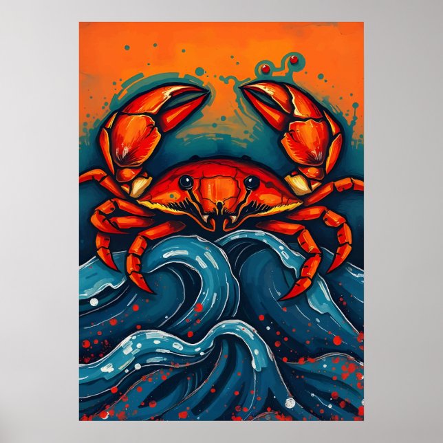 Fiery Red Crab – Bold Sea Creature in Splashy Surf Poster (Front)