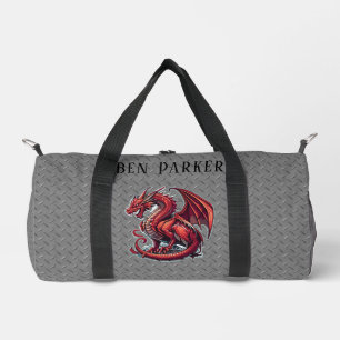 Fiery Red Dragon On Metal Diamond Plate Custom Duffle Bag
