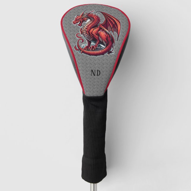 Fiery Red Dragon On Metal Diamond Plate Custom Golf Head Cover (Front)