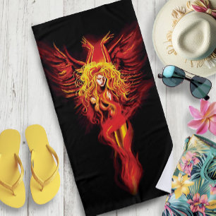 Fiery Red Fantasy Phoenix Woman Black Beach Towel