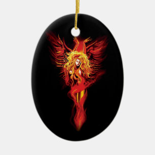 Fiery Red Fantasy Phoenix Woman Black Ceramic Ornament
