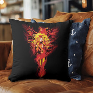 Fiery Red Fantasy Phoenix Woman Black Throw Pillow