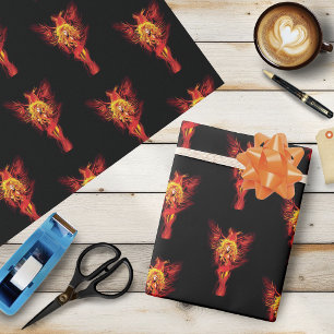 Fiery Red Fantasy Phoenix Woman Black Wrapping Paper