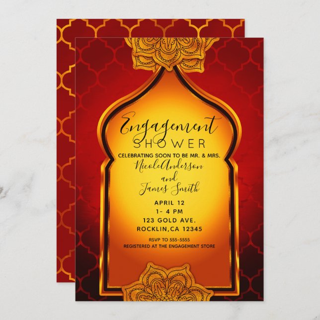 Fiery Red Gold Indian Arabian Engagement Shower Invitation (Front/Back)