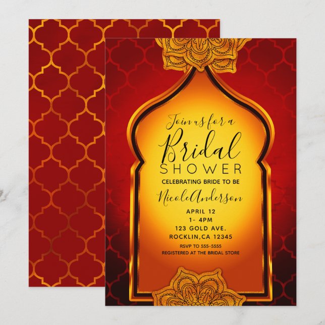 Fiery Red Gold Royal Indian Arabian Bridal Shower Invitation (Front/Back)