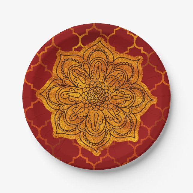 Fiery Red Gold Royal Indian Arabian Theme Moroccan Paper Plate (Front)