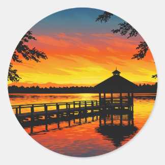 Fiery Red Lake Sunset with Dock Classic Round Sticker