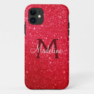  Fiery Red Sparkling Glitter Monogrammed  iPhone 11 Case
