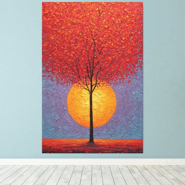 Fiery Red Tree with Golden Sun Textured Abstract  Canvas Print (Insitu(Wood Floor))