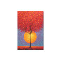 Fiery Red Tree with Golden Sun Textured Abstract