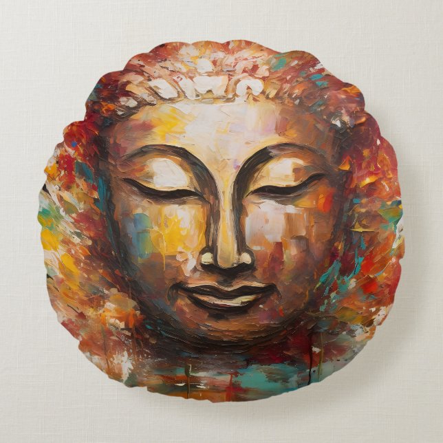 Fiery Serenity – Buddha Expressionist Art Round Pillow (Front)