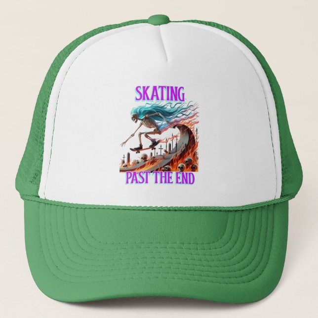 Fiery Skating Skeleton A Death-Defying Ride Trucker Hat (Front)