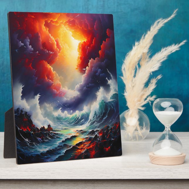 Fiery Sky and Roaring Sea – Dynamic Seascape Art Plaque (Side)