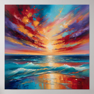 Fiery Sunset Over Ocean Waves – Abstract Poster