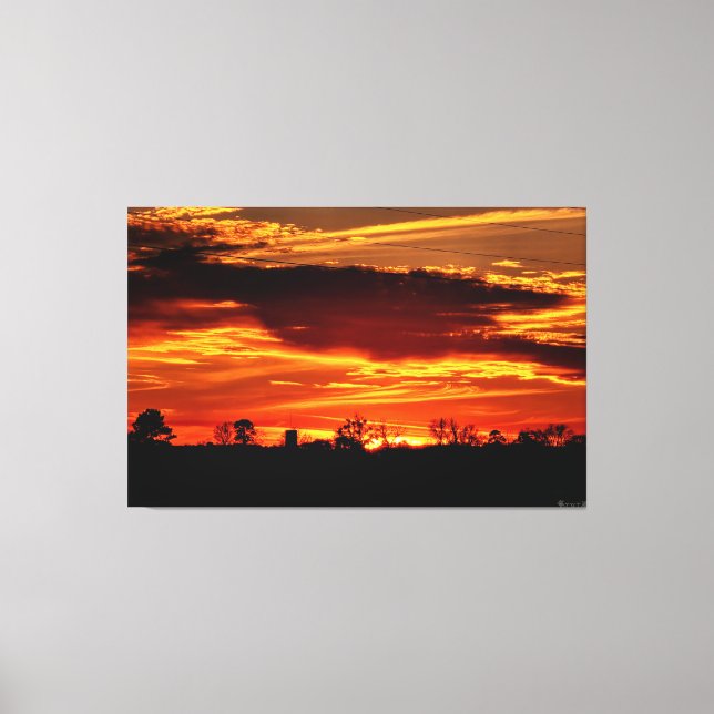 Fiery Sunset Over Silhouetted Trees Canvas Print (Front)