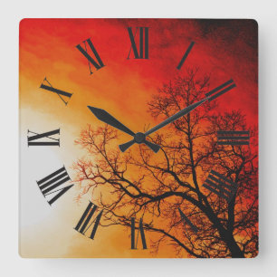Fiery Sunset & Tree Branches Nature Art Square Wall Clock