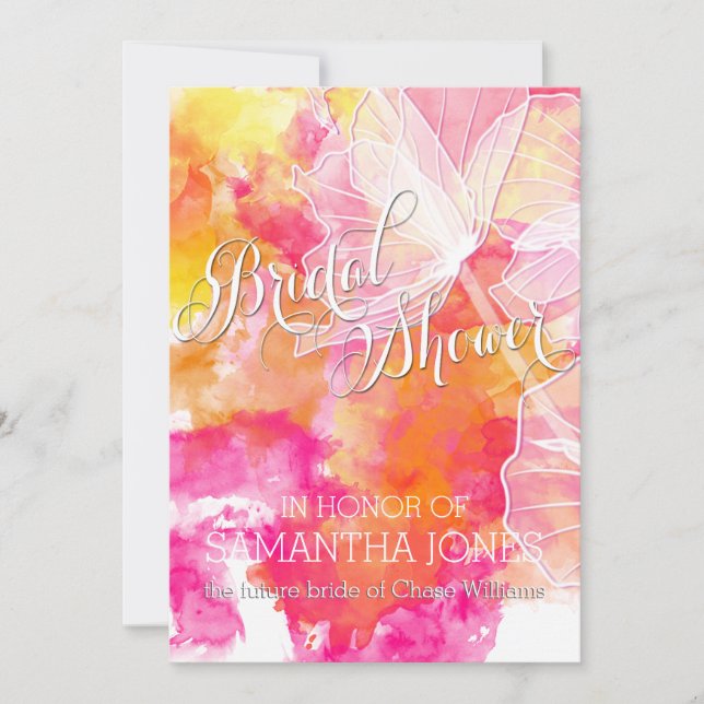FIERY SUNSET WATERCOLOR HOLLYHOCK WEDDING INVITATION (Front)