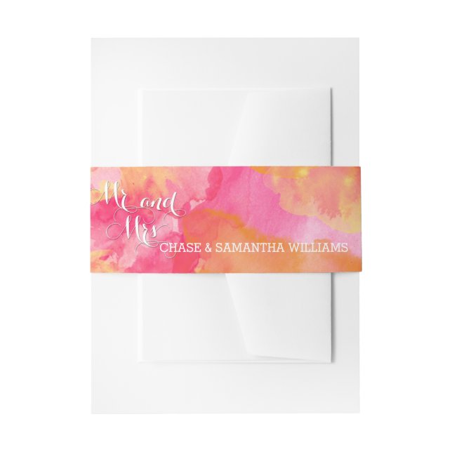 FIERY SUNSET WATERCOLOR HOLLYHOCK WEDDING INVITATION BELLY BAND (Front Example)